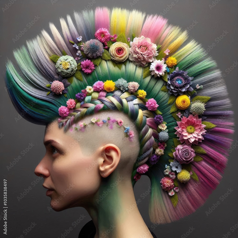 Blooming Floral Mohawk featuring intricate braiding and pinning techniques to create vibrant flower-shaped structures in pinks, yellows, purples, and blues, with mint green buzzed sides and real petal