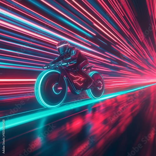 Time-traveling bike, speed trails, cyberpunk city, neon glow