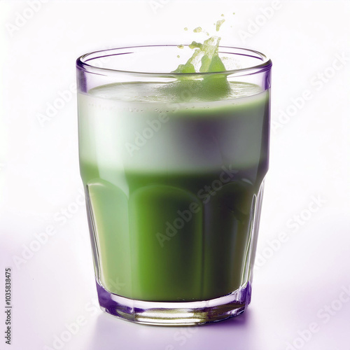 Green tea latte with milk splash in glass