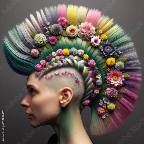Obraz na płótnie Blooming Floral Mohawk featuring intricate braiding and pinning techniques to create vibrant flower-shaped structures in pinks, yellows, purples, and blues, with mint green buzzed sides and real petal w salonie