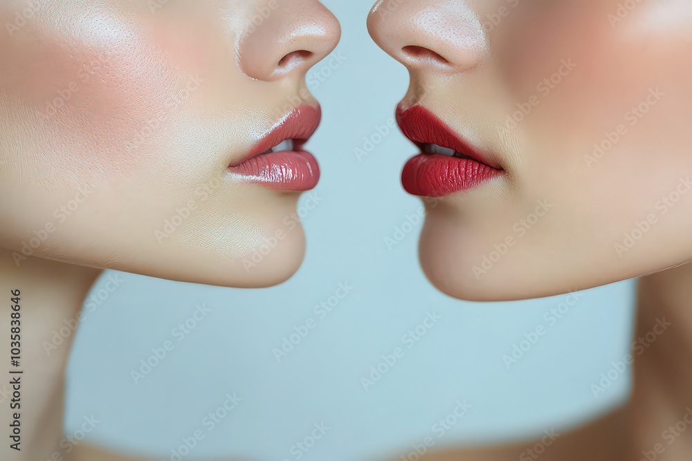 Obraz premium Close-up of two women’s faces, one with nude lips and one with red lipstick, showcasing contrasting makeup styles and skin textures.