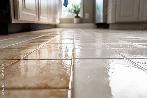  Close-up of white tile floor: on the left, grout lines are dirty and tiles appear dull; on the right, tiles are clean and shiny, with bright, fresh grout lines.