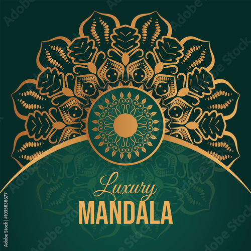 Luxury ornamental Mandala design round luxury design golden brush text wallpaper concept.