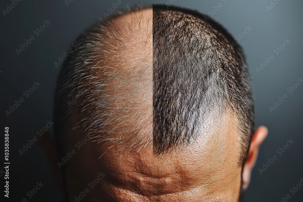 Overhead view of man's crown before and after hair regrowth: on the left, the crown is bald with thin hair; on the right, thick, healthy hair fully covers the scalp. Overhead view of man's crown before and after hair regrowth: on the left, the crown is bald with thin hair; on the right, thick, healthy hair fully covers the scalp.