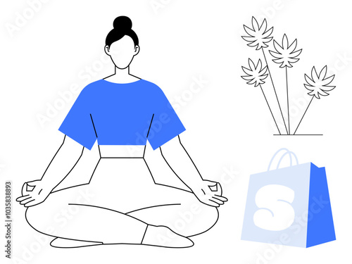 A woman in a yoga pose, wearing a blue top, is serenely meditating. Nearby, a blue shopping bag and decorative plants are visible. Ideal for wellness, mindfulness, yoga, relaxation, and lifestyle