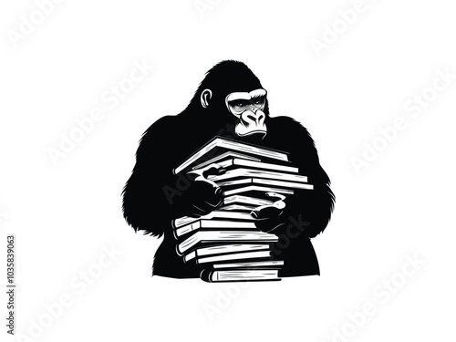 Gorilla Reading Silhouettes for Read Across America Day | Fun Animal Library Illustration photo