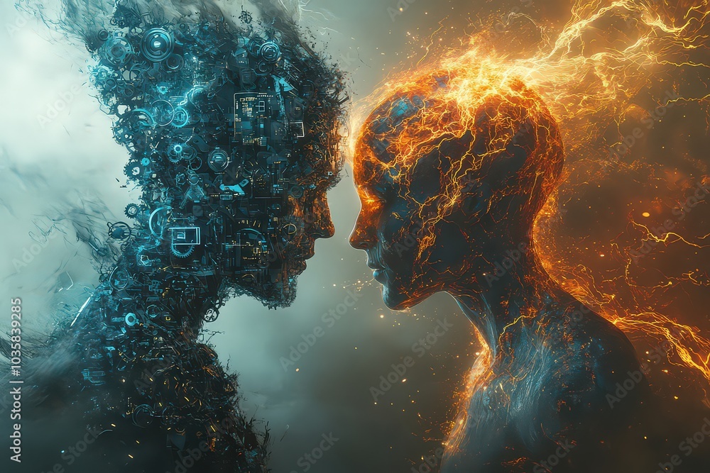 Electrifying depiction of two abstract figures, one blue and the other orange, facing off, symbolizing the clash of opposites like fire and ice. Electrifying depiction of two abstract figures, one blue and the other orange, facing off, symbolizing the clash of opposites like fire and ice.