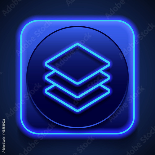 Layers simple icon vector. Flat design. Blue neon style on button. With shadow