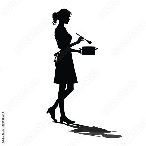 Silhouette of woman cooking in apron with pot and spoon