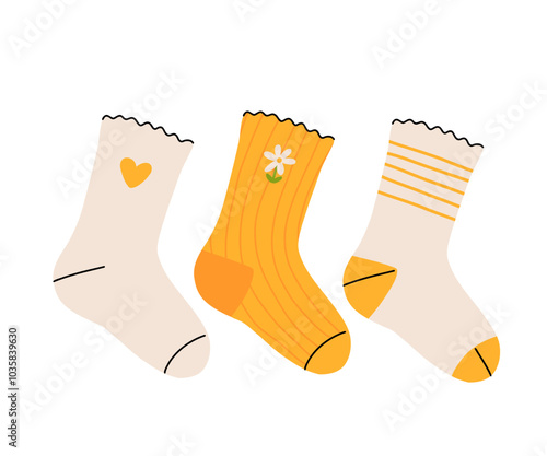 Set of colorful and funny socks. Variety of funny socks with different textures isolated on white background. Vector illustration fashion collection trendy clothes. Colorful pastel cute socks.