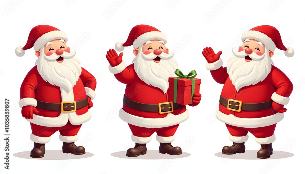Three Cheerful Santa Claus Characters Holding Gifts and Waving Three Cheerful Santa Claus Characters Holding Gifts and Waving