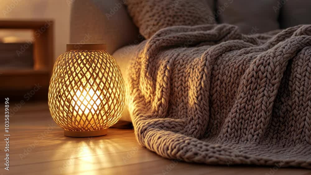 A woven lamp casts a warm glow on a soft knit blanket in a cozy living room A woven lamp casts a warm glow on a soft knit blanket in a cozy living room