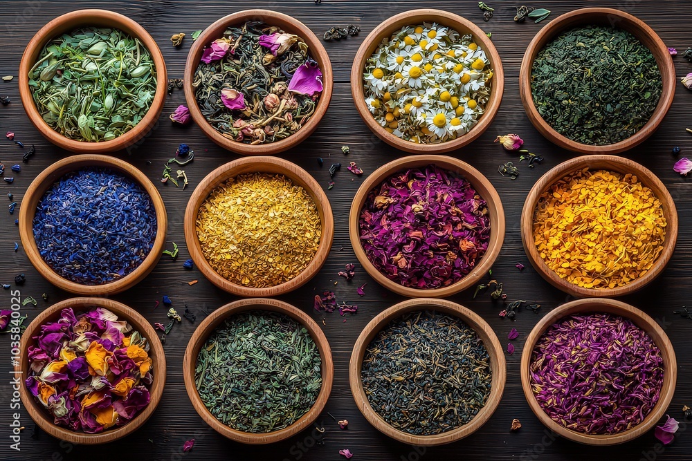 Assortment of loose-leaf teas, including chamomile, green tea, and hibiscus, each beautifully displayed in small wooden bowls, showcasing a variety of flavors and colors. Assortment of loose-leaf teas, including chamomile, green tea, and hibiscus, each beautifully displayed in small wooden bowls, showcasing a variety of flavors and colors.