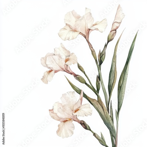 Watercolor iris branches, gentle, elegant on white background