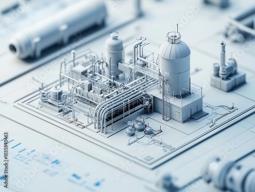 Abstract blueprintstyle rendering of a hydraulic treatment plant, data charts, and risk assessment elements integrated into the design photo