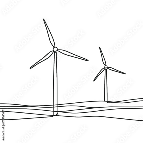Minimalist line art of wind turbines in a simple landscape