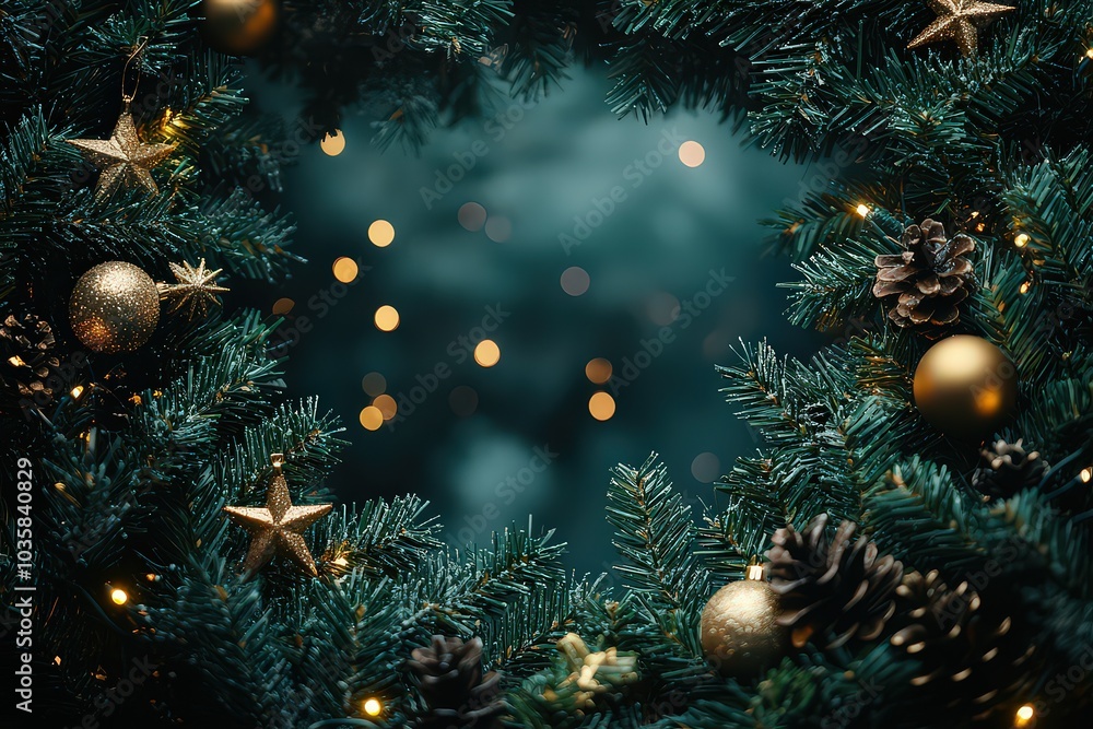 Close-up of a Christmas wreath with pine cones, golden baubles, and twinkling lights, evoking warmth and festive holiday spirit. Close-up of a Christmas wreath with pine cones, golden baubles, and twinkling lights, evoking warmth and festive holiday spirit.