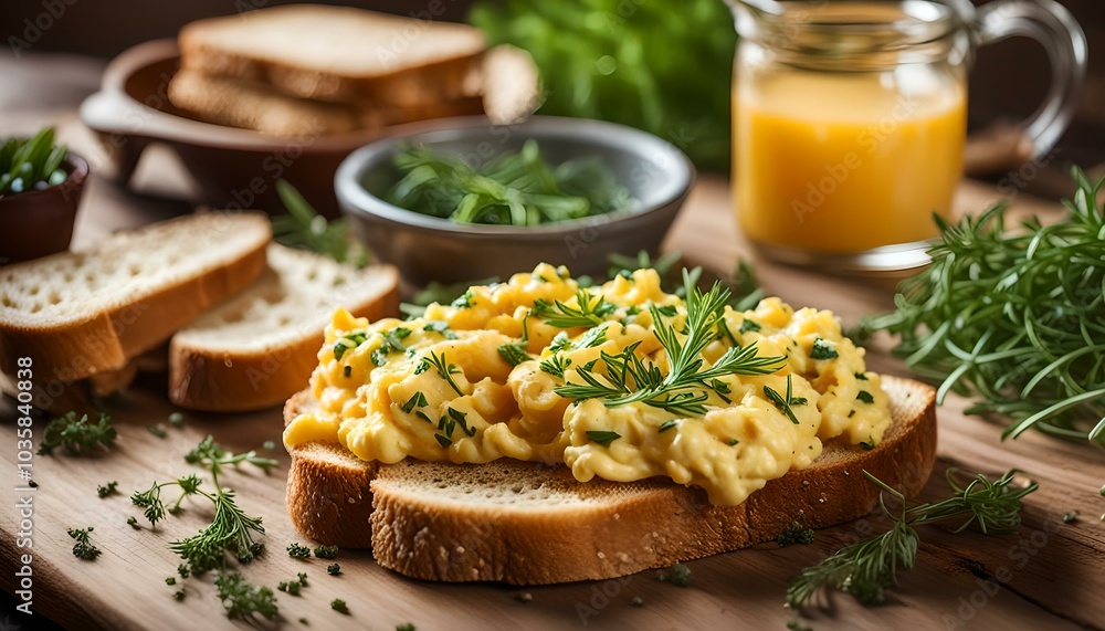 Scrambled eggs rustic style, with toast and herbs
Scrambled eggs rustic style, with toast and herbs