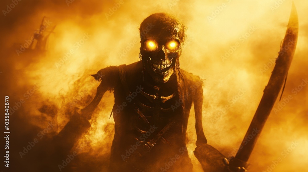 Naklejka premium Skeleton pirate with eerie glowing eyes, enveloped in thick golden mist, gripping a rusty cutlass