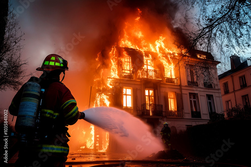 A firefighter extinguishes a fire in a building using a fire hose
