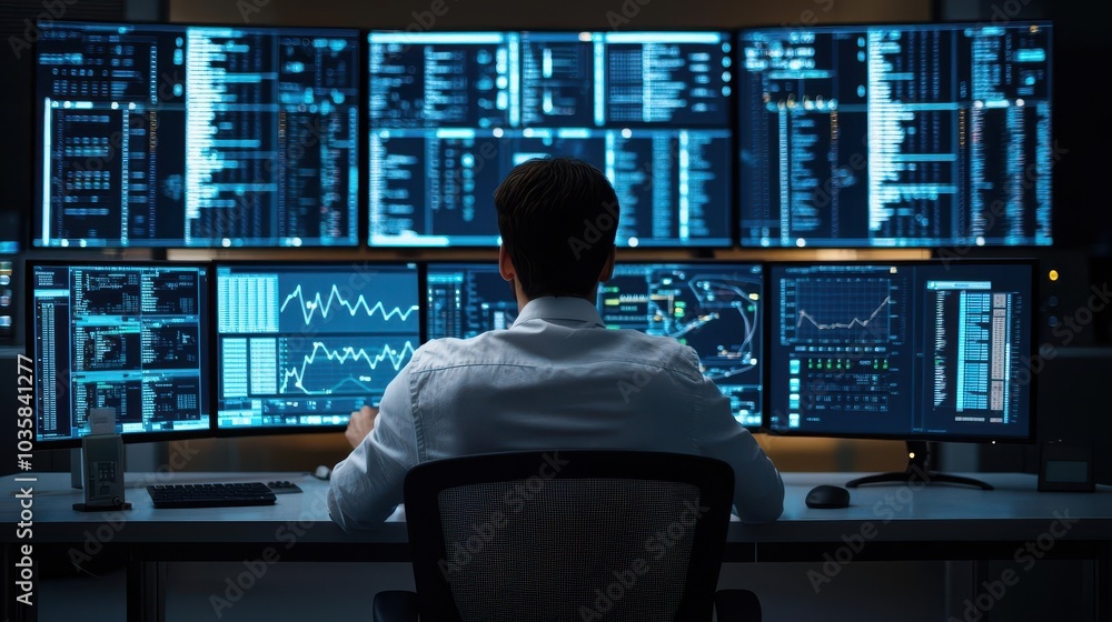 Hydraulic engineer in a control room surrounded by screens displaying live flood data, risk assessment graphs, and facility schematics Hydraulic engineer in a control room surrounded by screens displaying live flood data, risk assessment graphs, and facility schematics