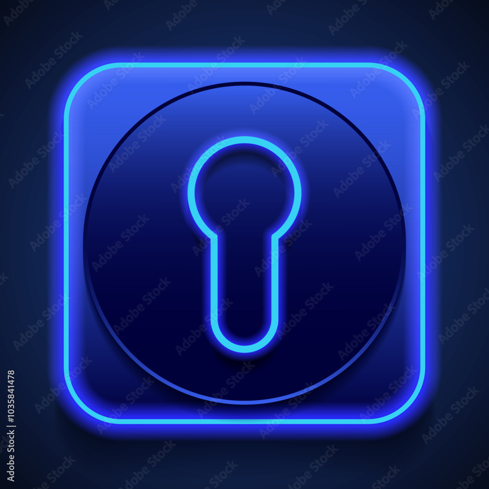 Keyhole icon, vector. Flat design. Blue neon style on button. With shadow Keyhole icon, vector. Flat design. Blue neon style on button. With shadow