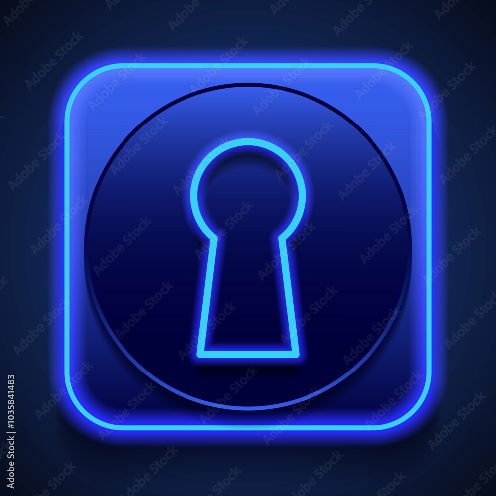 Keyhole simple icon vector. Flat design. Blue neon style on button. With shadow Keyhole simple icon vector. Flat design. Blue neon style on button. With shadow