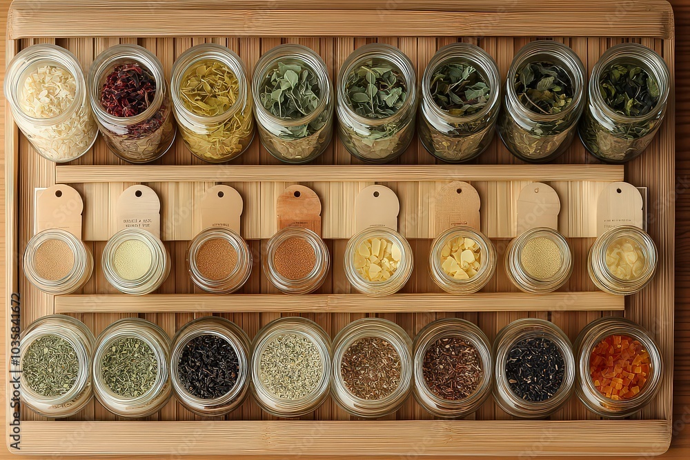 Overhead shot of a tea sampler featuring chamomile, mint, ginger, and rooibos teas in clear jars, laid out on a bamboo mat, presenting a natural and aromatic tea selection. Overhead shot of a tea sampler featuring chamomile, mint, ginger, and rooibos teas in clear jars, laid out on a bamboo mat, presenting a natural and aromatic tea selection.