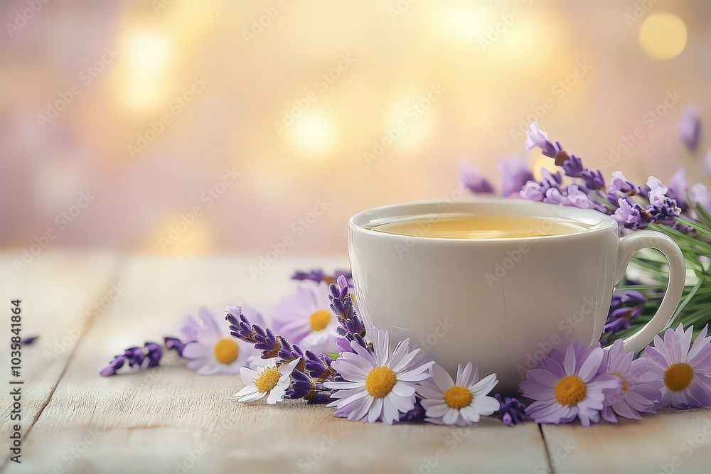 A cup of herbal tea surrounded by fresh lavender and daisies, creating a calm and soothing atmosphere. Perfect for relaxation and mindfulness moments. A cup of herbal tea surrounded by fresh lavender and daisies, creating a calm and soothing atmosphere. Perfect for relaxation and mindfulness moments.