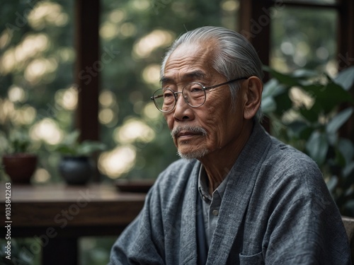 Elderly asian man with gray hair and glasses, wearing gray robe, sitting in traditional japanese setting with blurred nature background