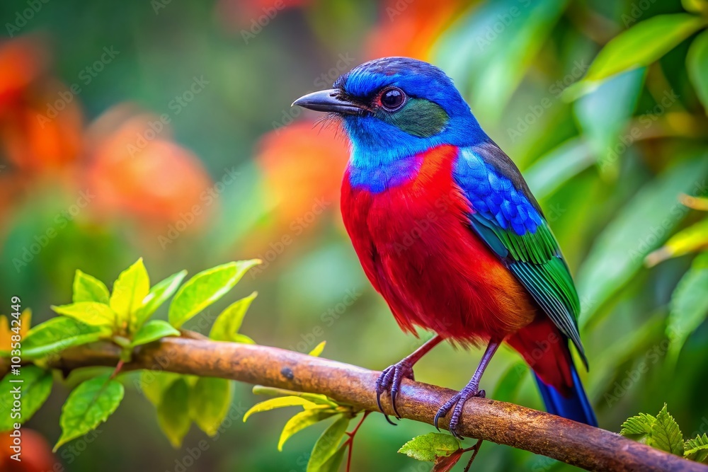 Surreal Close-Up of a Vibrant Blue and Red Bird Amidst Dreamy Green and Red Foliage Surreal Close-Up of a Vibrant Blue and Red Bird Amidst Dreamy Green and Red Foliage