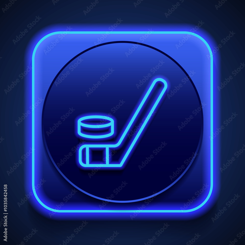 Hockey simple icon vector. Flat design. Blue neon style on button. With shadow Hockey simple icon vector. Flat design. Blue neon style on button. With shadow