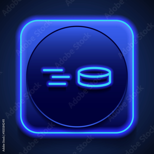 Hockey icon vector. Flat design. Blue neon style on button. With shadow