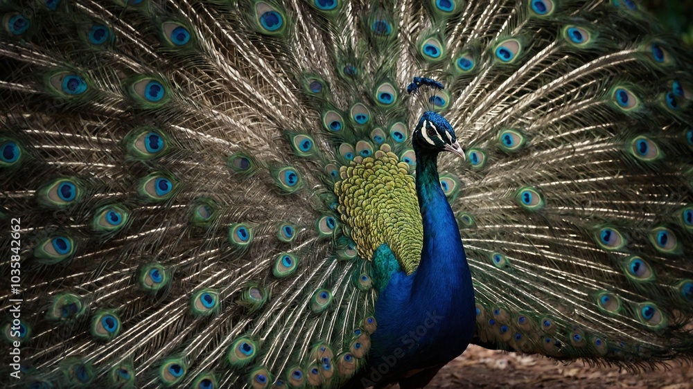 Obraz premium Vibrant peacock displaying its magnificent tail feathers, showcasing intricate patterns and vivid colors of its plumage against natural background