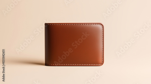 Classic brown leather wallet, neatly centered on a beige background, soft lighting, empty space around for commercial text, high-quality product shot