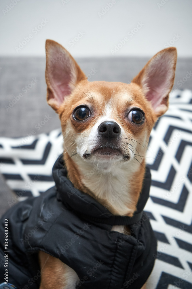 Obraz premium Retrato de pequeño chihuahua sentado en un sofá con una chaqueta negra