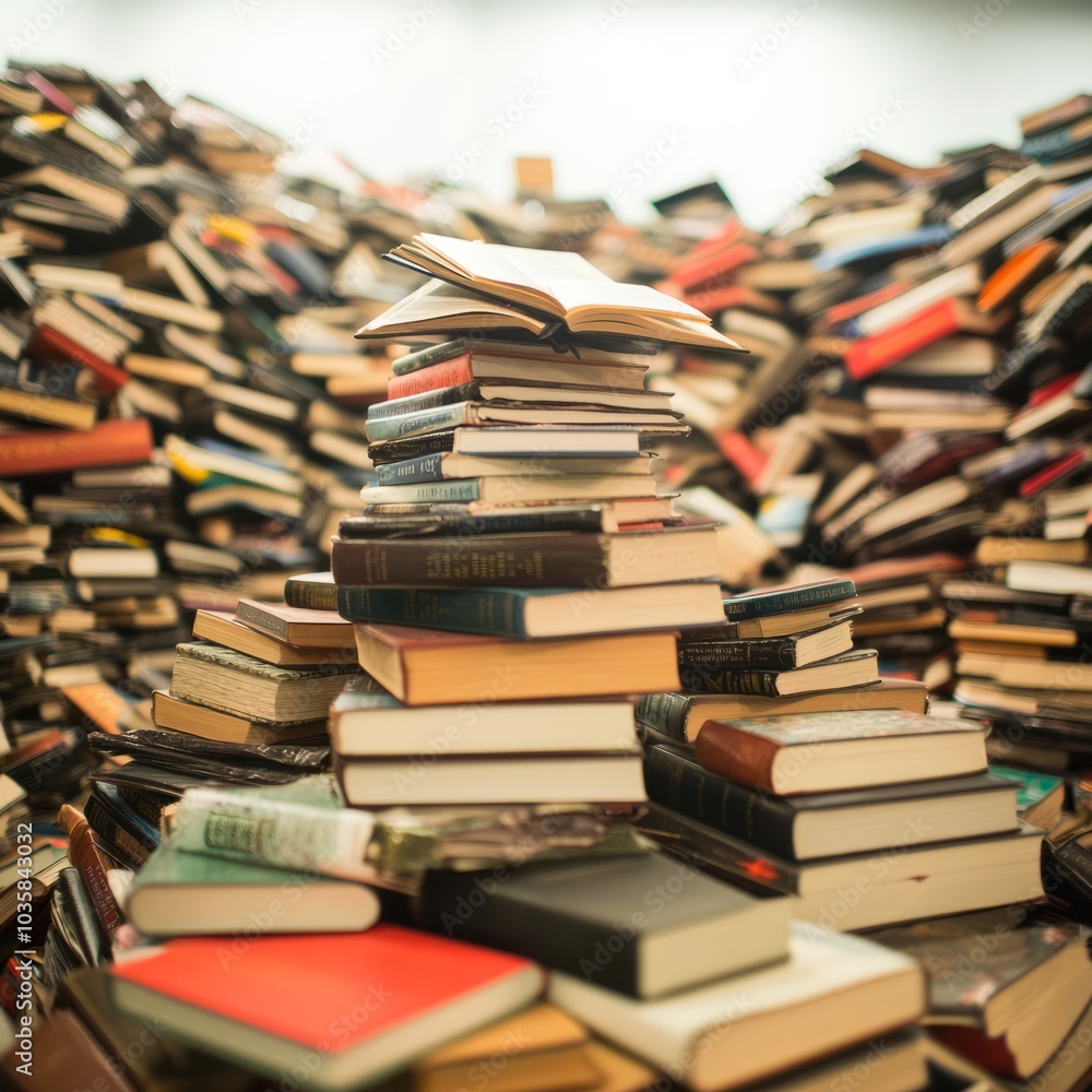 A chaotic arrangement of stacked books, creating an inviting literary landscape. A chaotic arrangement of stacked books, creating an inviting literary landscape.