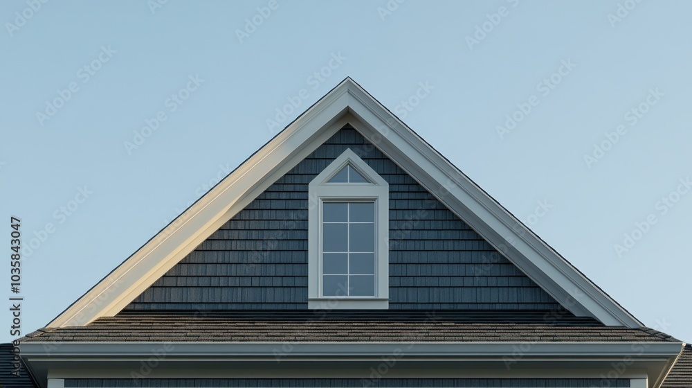 Symmetrical hip roof with sloped sides, displayed against a solid color background, highlighting classic architecture Symmetrical hip roof with sloped sides, displayed against a solid color background, highlighting classic architecture