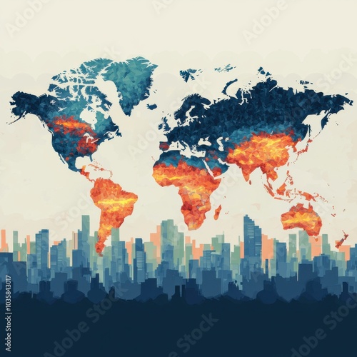 Wallpaper Mural Stylized world map with vibrant colors and city skyline overlay. Torontodigital.ca