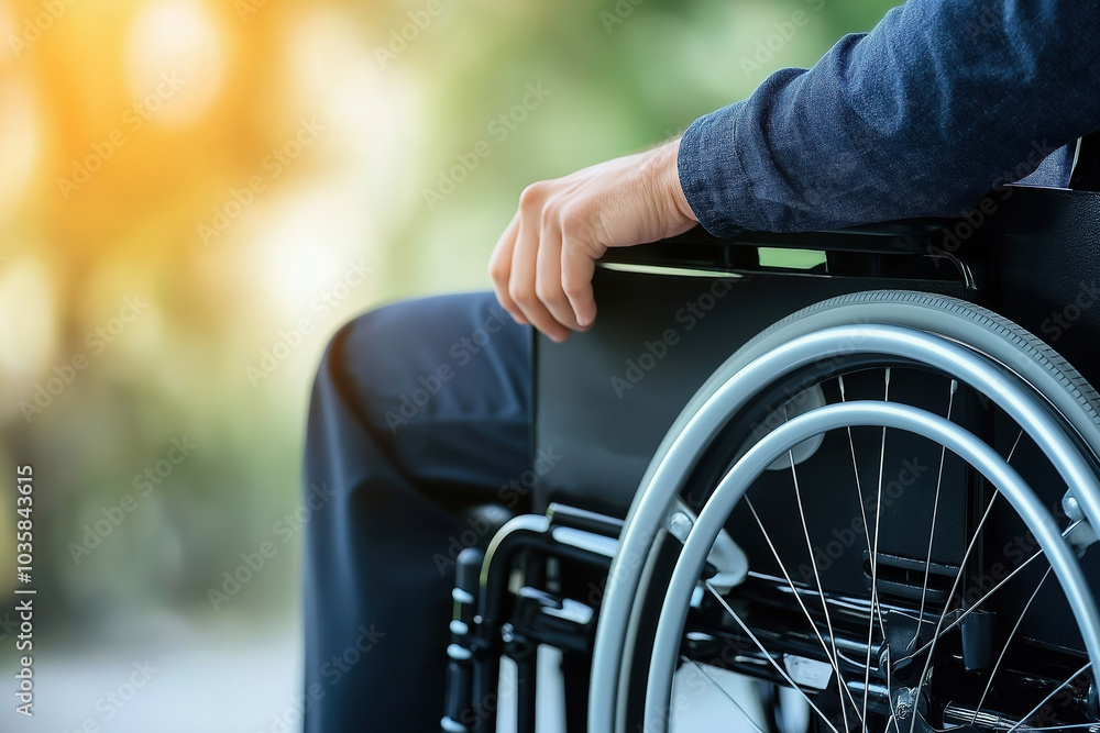 A person sitting in a wheelchair in a serene park during the golden hour light A person sitting in a wheelchair in a serene park during the golden hour light