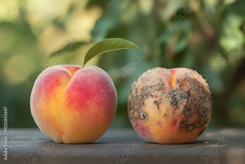  perfectly ripe peach with soft, velvety skin on one side is compared to a brown, rotting peach on the other, showing the contrast between freshness and decay.