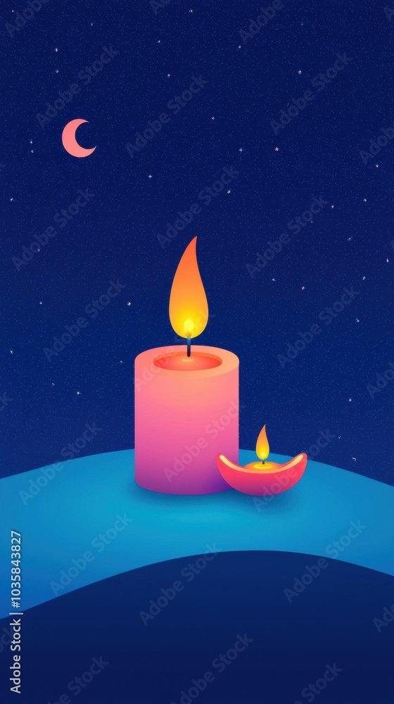 Candle burning with a small diya on blue wave background under starry night sky. Candle burning with a small diya on blue wave background under starry night sky.