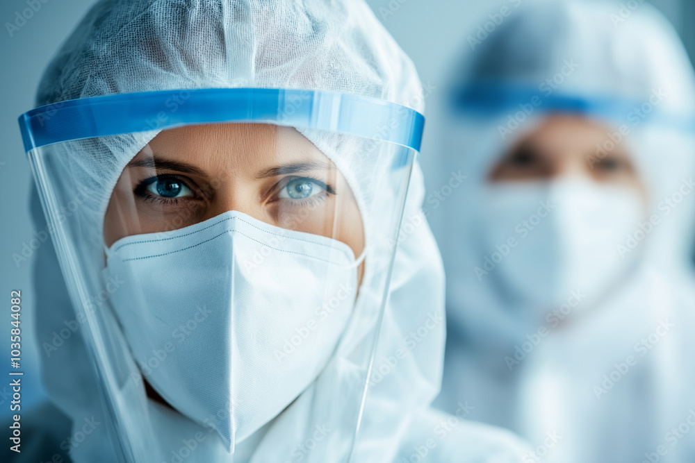 Healthcare professionals in white protective suits attending to a patient Healthcare professionals in white protective suits attending to a patient