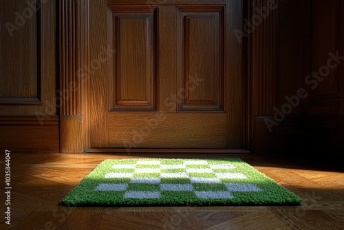 Green and White Checkered Rug in Front of a Wooden Doorway photo