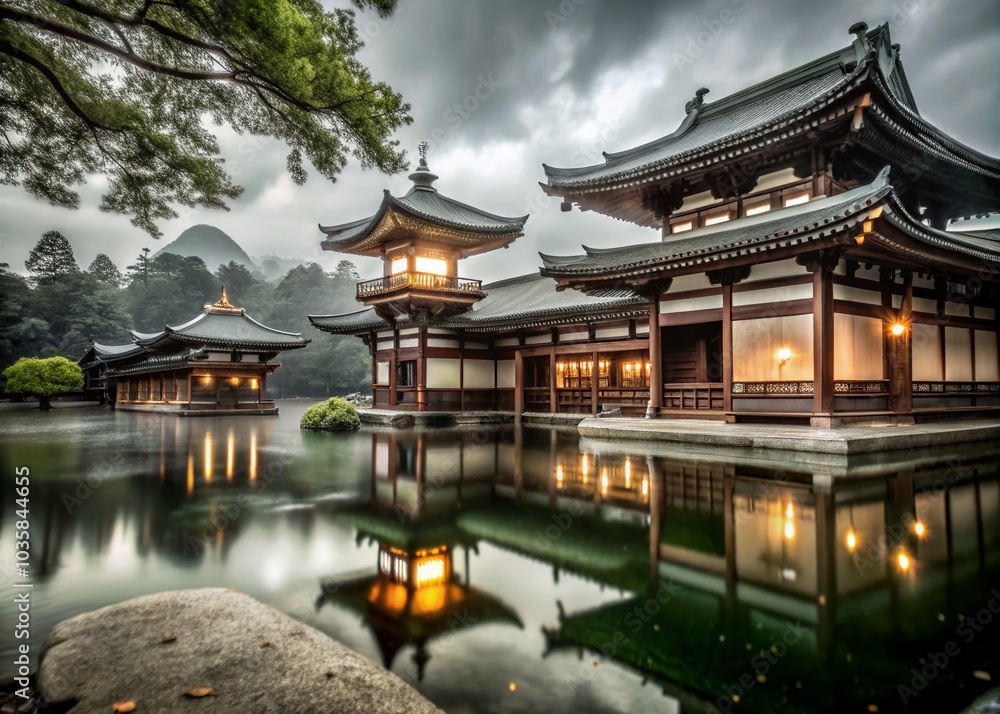 Naklejka premium Surreal Japanese Temple Landscape: A Dreamlike Perspective with Ethereal Elements