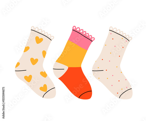 Set of colorful and funny socks. Variety of funny socks with different textures isolated on white background. Vector illustration fashion collection trendy clothes. Colorful pastel cute socks.