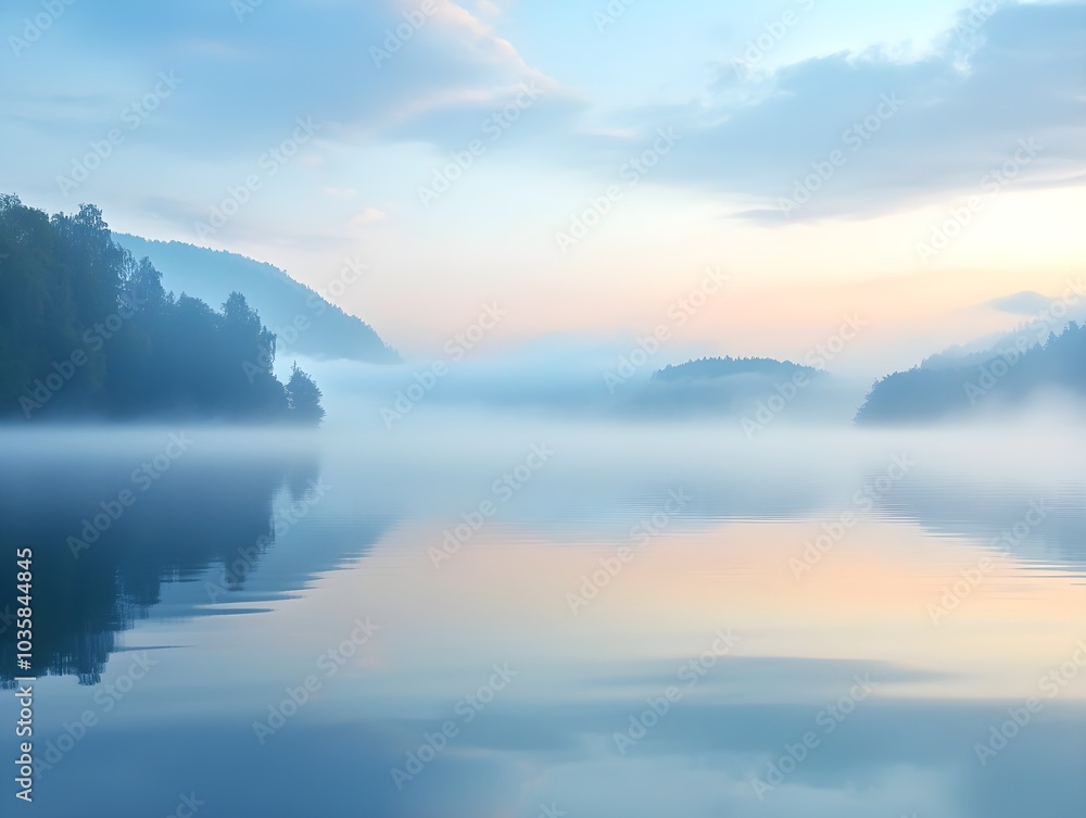 Fototapeta premium Serene Morning Mist Over Calm Lake