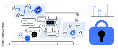 Colorful AI chatbot surrounded by various icons and speech bubbles. Laptop, bar graph, and blue lock symbol. Ideal for technology innovation, digital communication, data privacy, cybersecurity