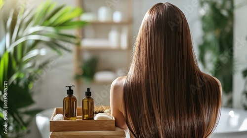 A serene scene featuring a woman with long hair holding a wooden tray with natural beauty products in a tranquil bathroom. photo