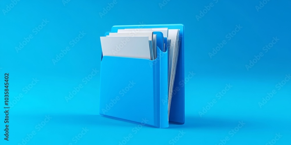 A detailed 3D illustration of a blue folder filled with documents, symbolizing effective file organization and management. This visually appealing design represents essential office supplies and tools A detailed 3D illustration of a blue folder filled with documents, symbolizing effective file organization and management. This visually appealing design represents essential office supplies and tools
